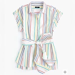 J. Crew Button-front tie-waist top in rainbow mini stripe cotton poplin